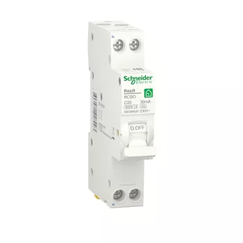 Автоматический выключатель дифференциального тока (АВДТ) Schneider Electric Resi9, 20A, 30mA, тип A, кривая отключения C, 2 полюса, 6kA, электро-механического типа, ширина 1 модуль DIN