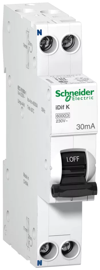 Автоматический выключатель дифференциального тока (АВДТ) Schneider Electric Acti9 iDif K, 25A, 30mA, тип AC, кривая отключения C, 2 полюса, 6kA, электронного типа, ширина 1 модуль DIN