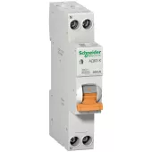 Автоматический выключатель дифференциального тока (АВДТ) Schneider Electric Domovoy, 20A, 30mA, тип AC, кривая отключения C, 2 полюса, 4,5kA, электронного типа, ширина 1 модуль DIN