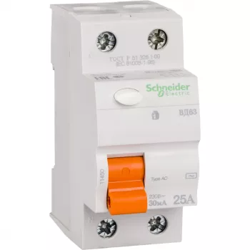Устройство защитного отключения (УЗО) Schneider Electric Domovoy, 2 полюса, 25A, 30 mA, тип AC, электро-механическое, ширина 2 DIN-модуля