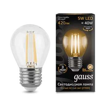 Лампа Gauss Black Filament Шар 5W 420lm 2700К Е27 LED 220V