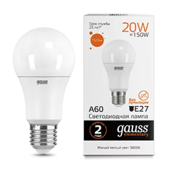 Лампа Gauss Elementary A60 20W 1520lm 3000K E27 LED 220V